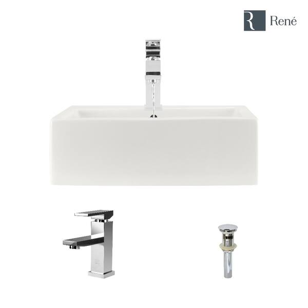 Porcelain Vessel Sink in White with 7002 Faucet and Pop-Up Drain in Brushed Nickel