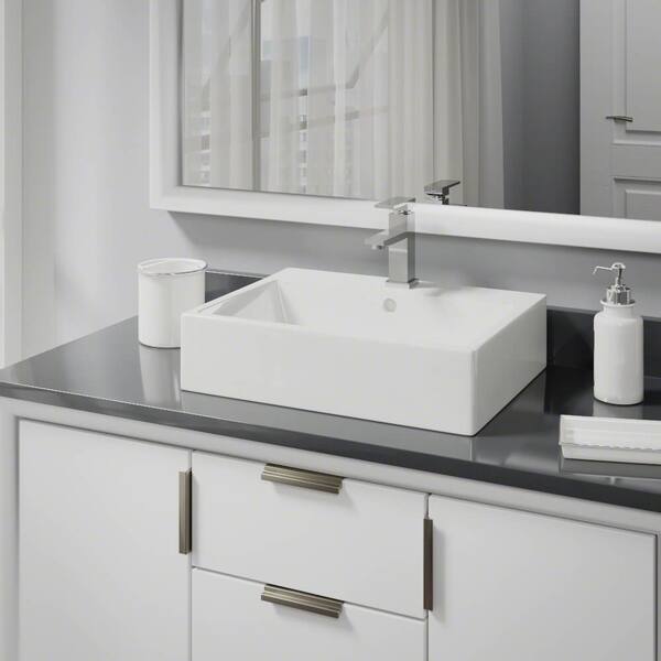 Porcelain Vessel Sink in White with 7002 Faucet and Pop-Up Drain in Brushed Nickel