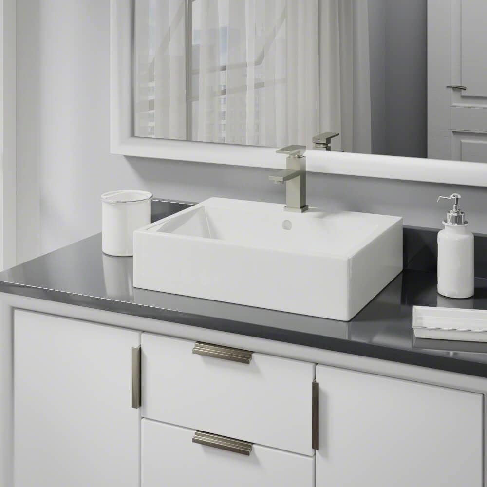 Porcelain Vessel Sink in White with 7002 Faucet and Pop-Up Drain in Brushed Nickel