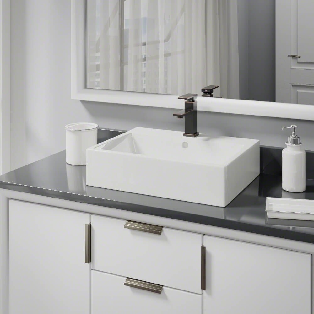 Porcelain Vessel Sink in White with 7002 Faucet and Pop-Up Drain in Brushed Nickel