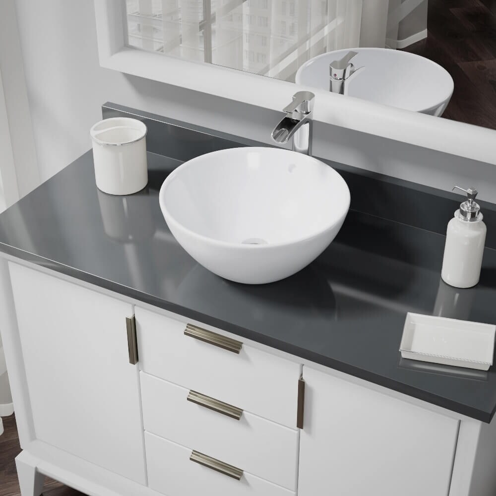 Porcelain Vessel Sink in White with 7007 Faucet and Pop-Up Drain in Brushed Nickel