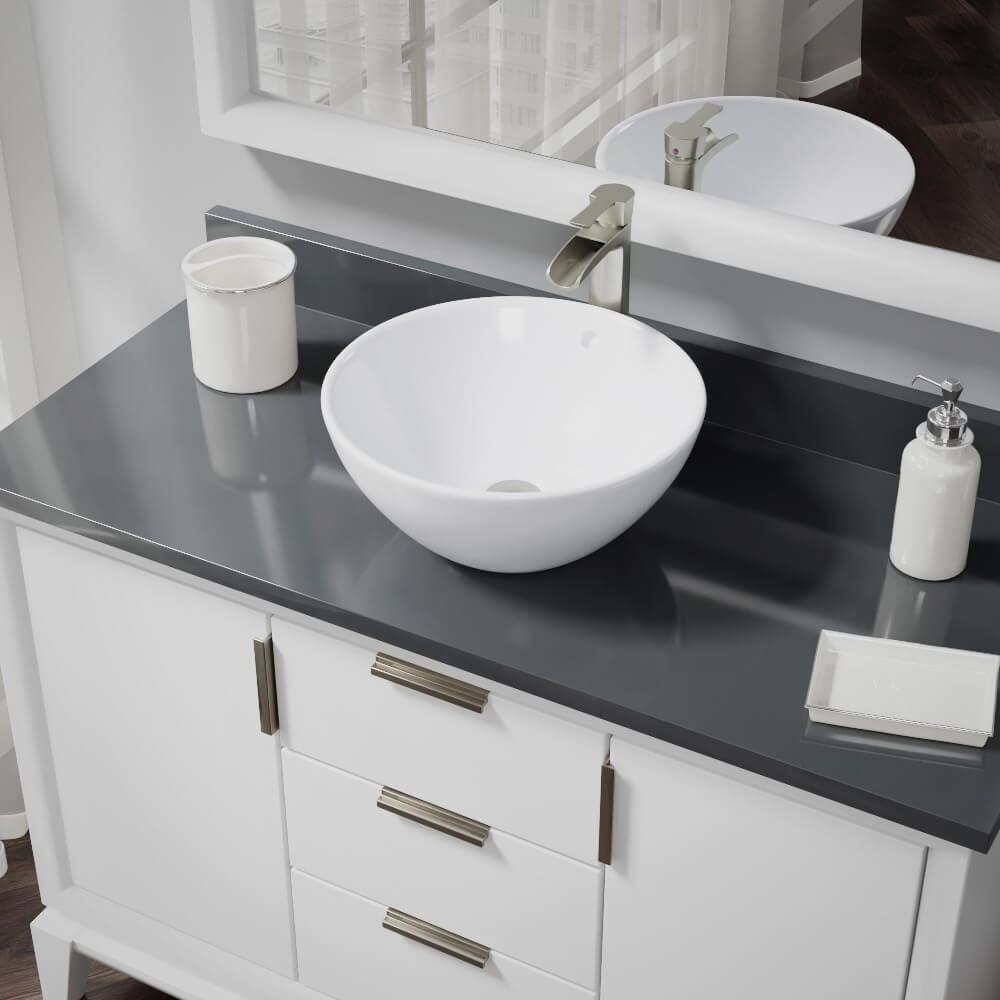 Porcelain Vessel Sink in White with 7007 Faucet and Pop-Up Drain in Brushed Nickel