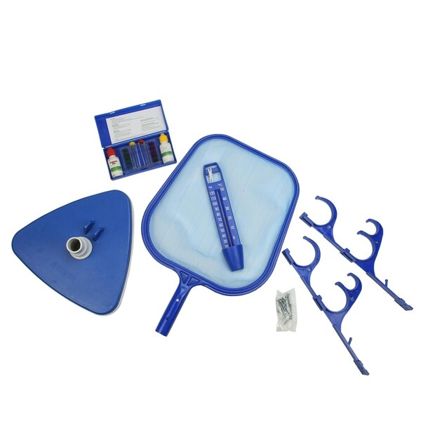 5-Piece Deluxe Swimming Pool Kit - Vacuum Skimmer Pole and Hose Hooks Thermometer and Test Kit - Blue