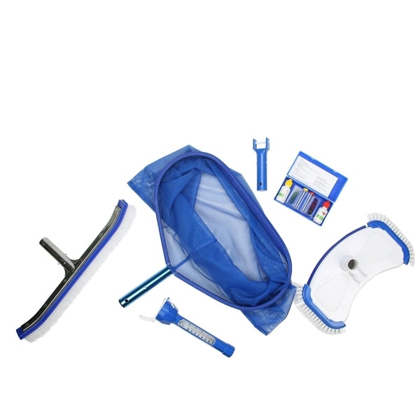 5-Piece Deluxe Swimming Pool Kit - Vacuum Leaf Rake Brush Thermometer and Test Kit - Blue