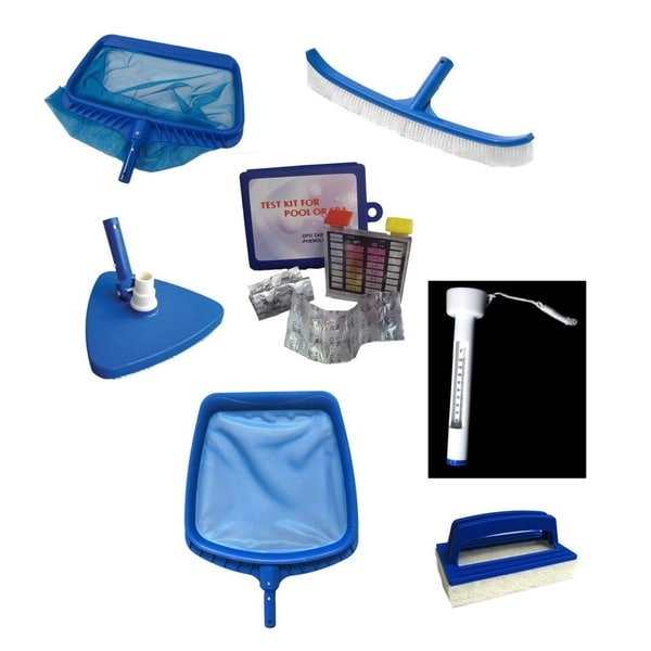 7-Piece Deluxe Swimming Pool Kit - Vacuum Leaf Rake Brush Thermometer Test Kit Scrubbing Pad and Skimmer - Blue