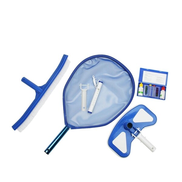5-Piece Deluxe Swimming Pool Kit - Vacuum Leaf Skimmer Curved Brush Thermometer and Test Kit - Blue