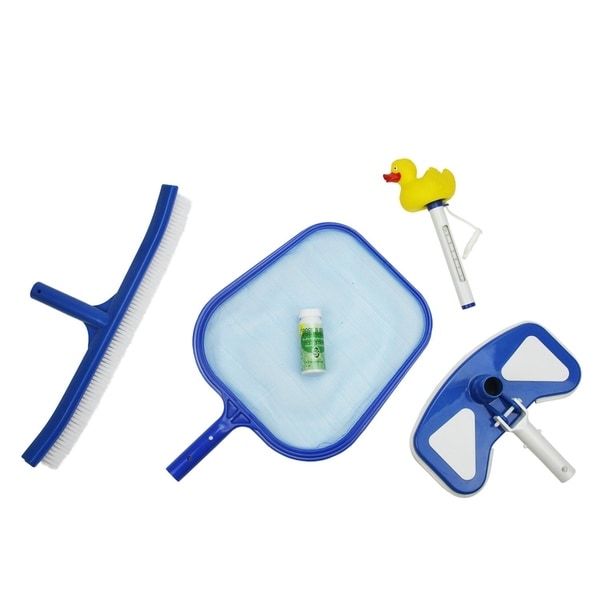 5-Piece Deluxe Swimming Pool Kit - Vacuum Leaf Skimmer Brush Duck Thermometer and Test Strips - Blue