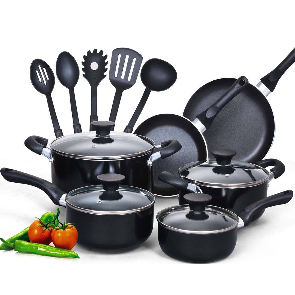 15 Piece Non stick Black Soft handle Cookware Set