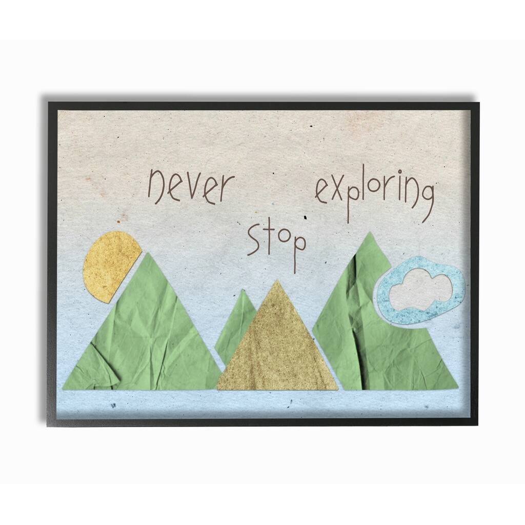Never Stop Exploring Mountain Collage Blue Framed Giclee Texture Art