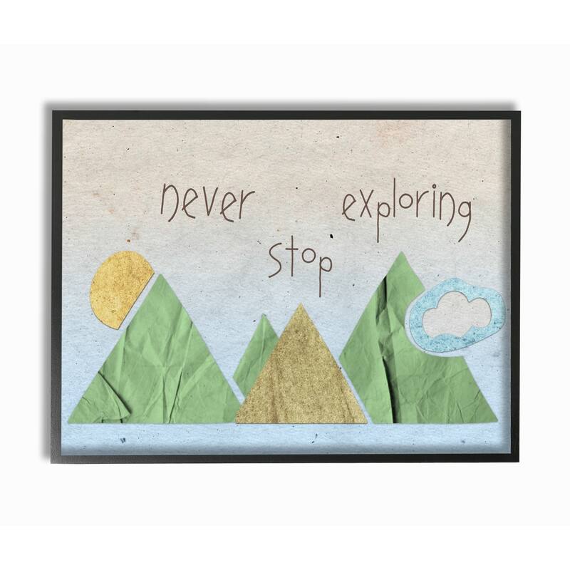 Never Stop Exploring Mountain Collage Blue Framed Giclee Texture Art