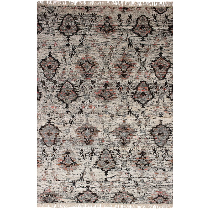 Hand-knotted Sari Silk Black, Cream Silk Rug - 6'1" x 9'5" - Cream/ Grey