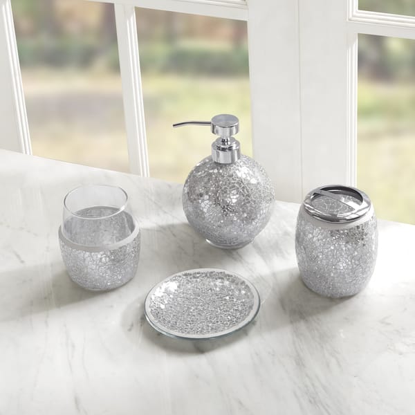 Creative Scents Gray Bathroom Silver Mosaic Glass Accessories Set