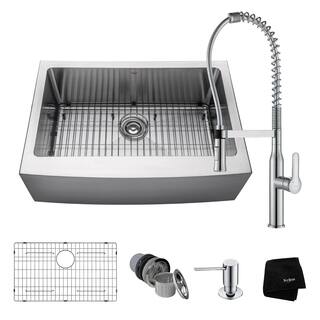 KRAUS 30 Inch Farmhouse Single Bowl Stainless Steel Kitchen Sink, KPF-1640 Nola Commercial Pull Down Faucet, Dispenser
