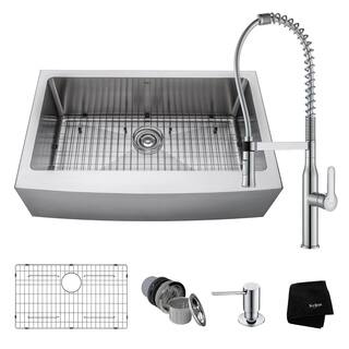 KRAUS 33 Inch Farmhouse Single Bowl Stainless Steel Kitchen Sink, KPF-1640 Nola Commercial Pull Down Faucet, Dispenser