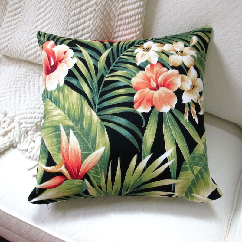 18-inch Indoor/Outdoor Hawaiian Beach Palm, Bird of Paradise, Hibiscus Flower in Black - Pillow Cover Only (Set of 2)