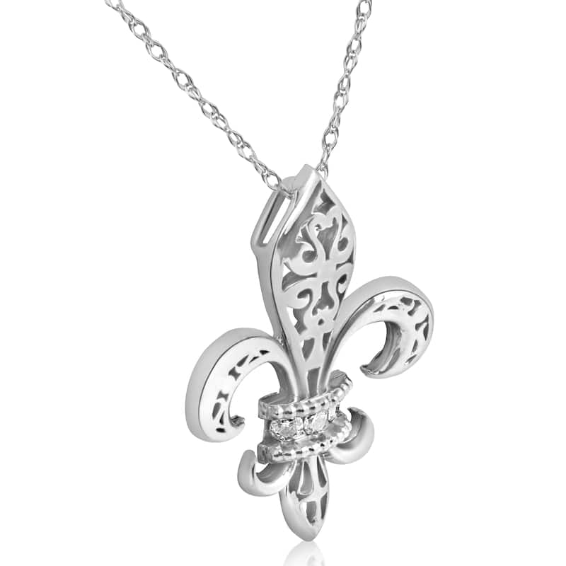 14K White Gold 1/10 ct TDW Vintage Fleur De Lis Pendant 1" Tall (I-J, I2-I3)