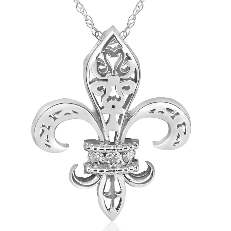 14K White Gold 1/10 ct TDW Vintage Fleur De Lis Pendant 1" Tall (I-J, I2-I3)