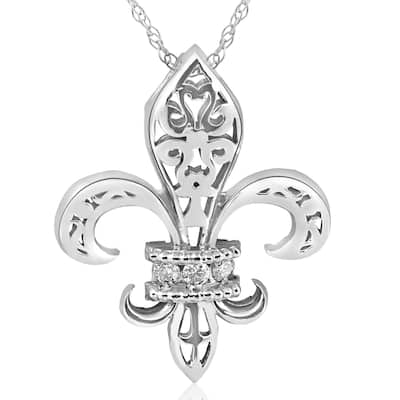 14K White Gold 1/10 ct TDW Vintage Fleur De Lis Pendant 1" Tall (I-J, I2-I3)