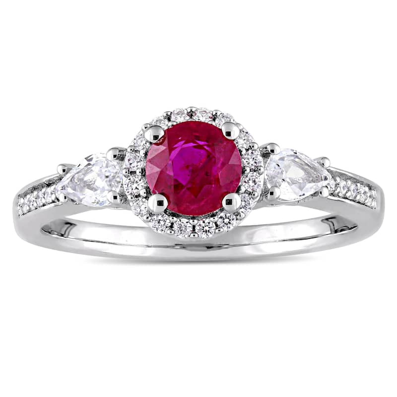 Miadora Signature Collection 14k White Gold Round White Sapphire Ruby and 1/8ct TDW Diamond 3-Stone - Red