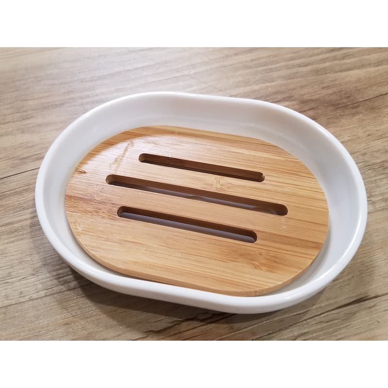 Evideco Bathroom Soap Dish Cup Padang White Bamboo Tray
