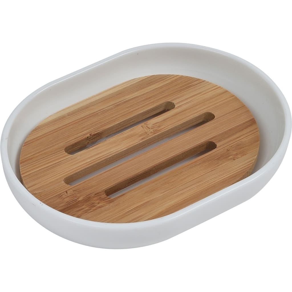 Evideco Bathroom Soap Dish Cup Padang White Bamboo Tray