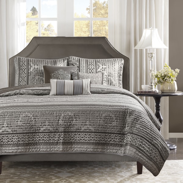 Madison Park Venetian Grey Jacquard 6-piece Quilted Coverlet Set
