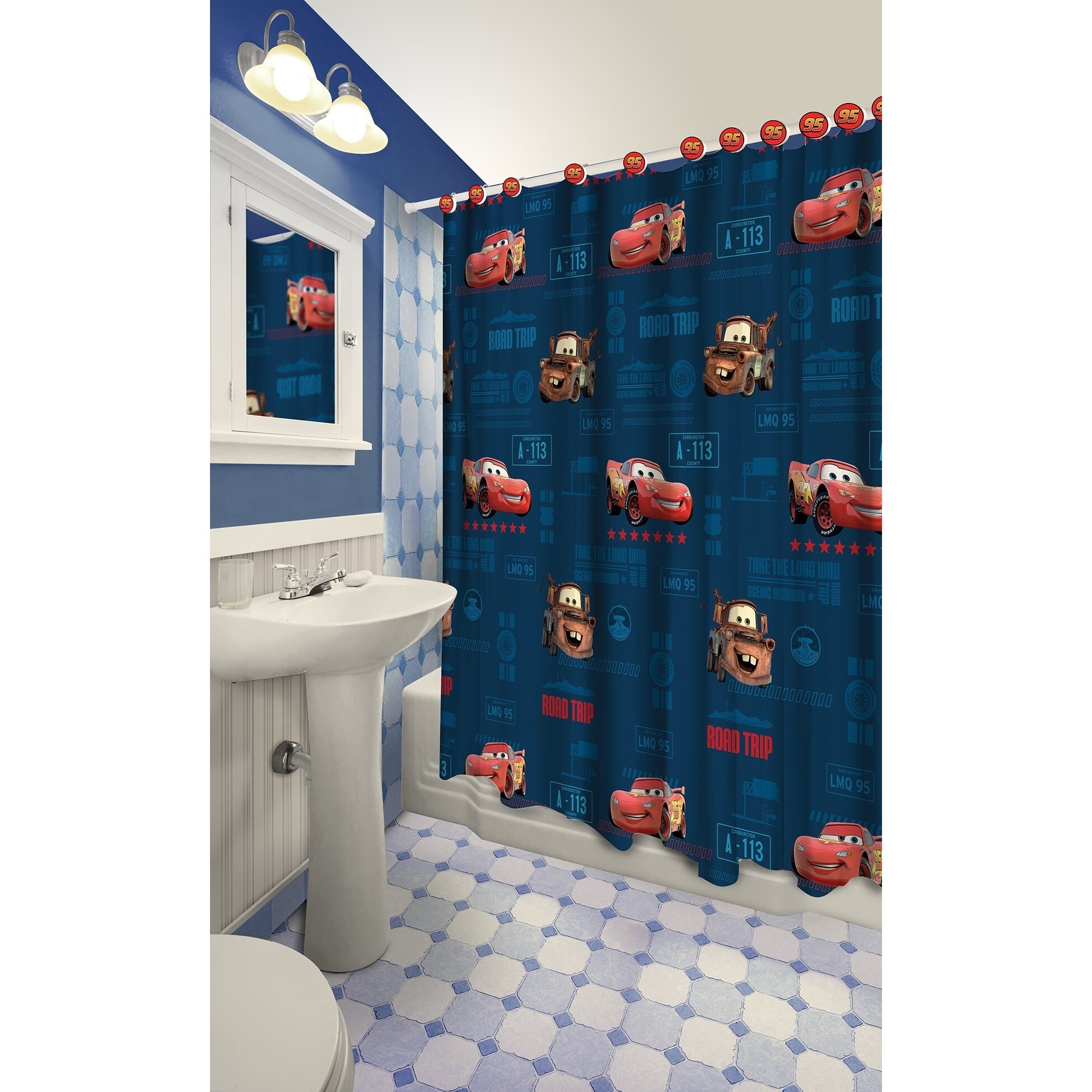 Disney Cars Themed Printed Shower Curtain with Hooks Multi