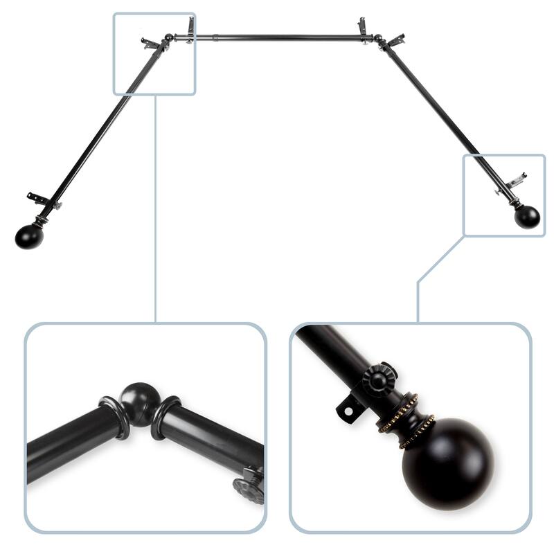 InStyleDesign Tegan 13/16" Bay Window Curtain Rod - 20-36 inches, 38-72 inches - Black Finish - Black