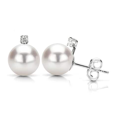 DaVonna 14k White Gold with .10tcw Diamond Round White Japanese Akoya High Luster Pearl Stud Earrings