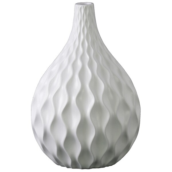 UTC21462: Ceramic Round Vase with Round Lip, Embossed Wave Design and Rounded Bottom Matte Finish White