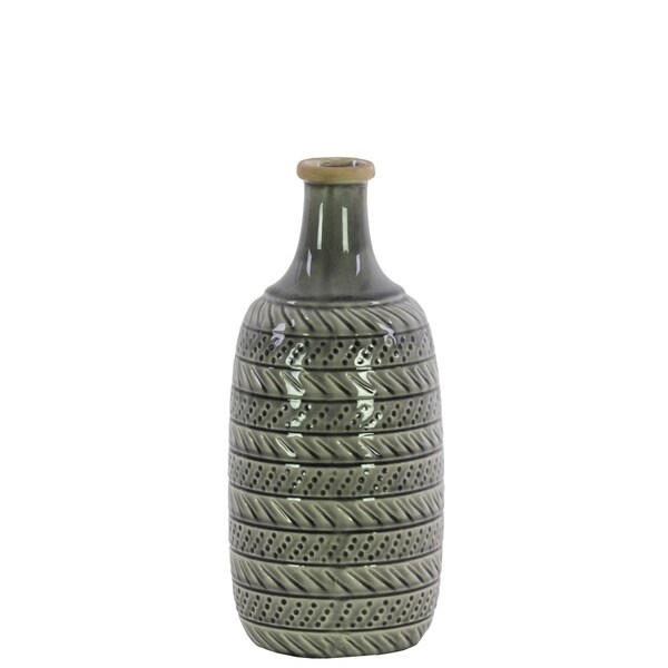 UTC50147: Ceramic Bottle Vase with Lid, Long Neck and Engraved Paralled Design Body SM Gloss Finish Light Gray