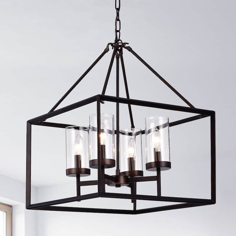 Anson Clear Pillar Glass Antique Bronze 4-light Square Chandelier