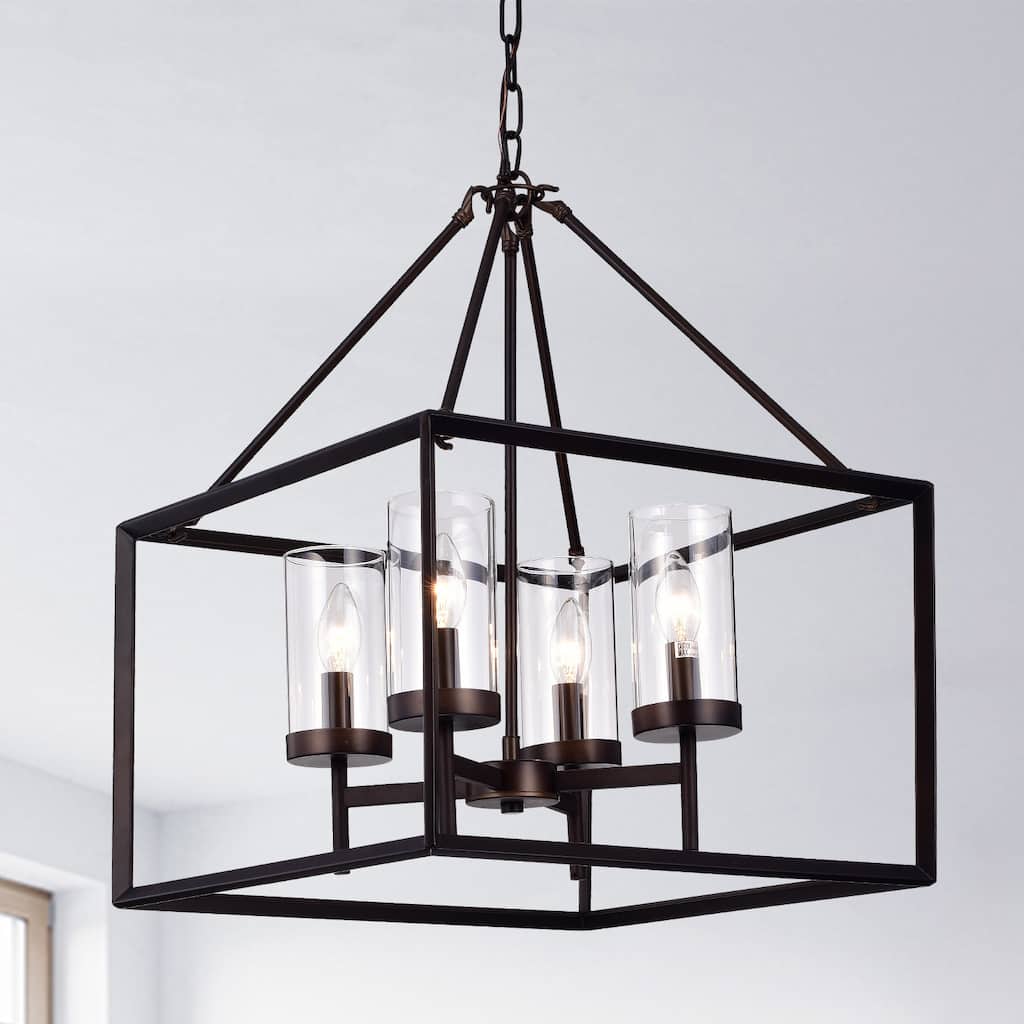 Anson Clear Pillar Glass Antique Bronze 4-light Square Chandelier