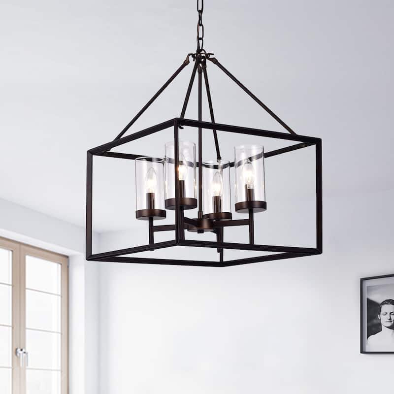 Anson Clear Pillar Glass Antique Bronze 4-light Square Chandelier