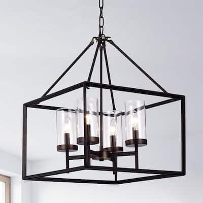 Anson Clear Pillar Glass Antique Bronze 4-light Square Chandelier