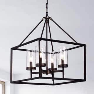 Anson Clear Pillar Glass Antique Bronze 4 Light Square Pendant