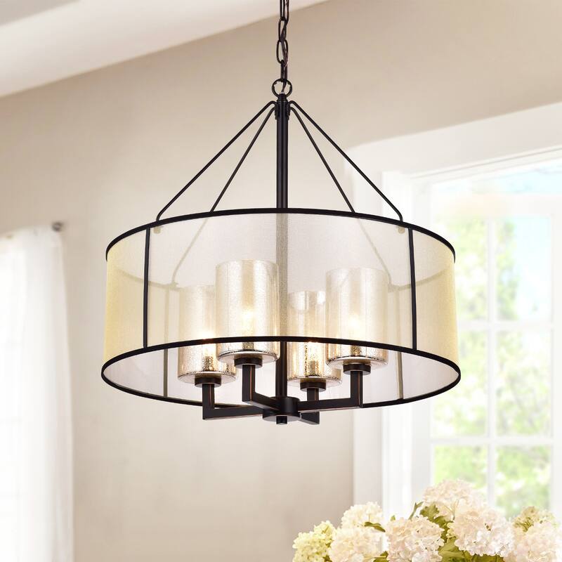 Warehouse of Tiffany Sarina Pillar Glass and Fabric Cylinder Shade 4-light Pendant