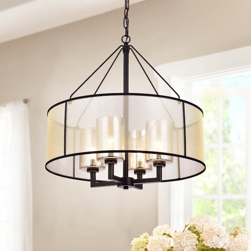 Warehouse of Tiffany Sarina Pillar Glass and Fabric Cylinder Shade 4-light Pendant