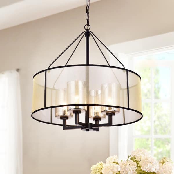 slide 1 of 1, Warehouse of Tiffany Sarina Pillar Glass and Fabric Cylinder Shade 4-light Pendant