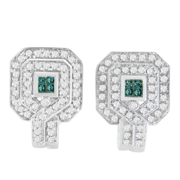 14k White Gold 1ct Tdw Round And Princess Cut Treated Blue Diamond Tdw Round And Princess Cut Treated Blue Diamond Earrings