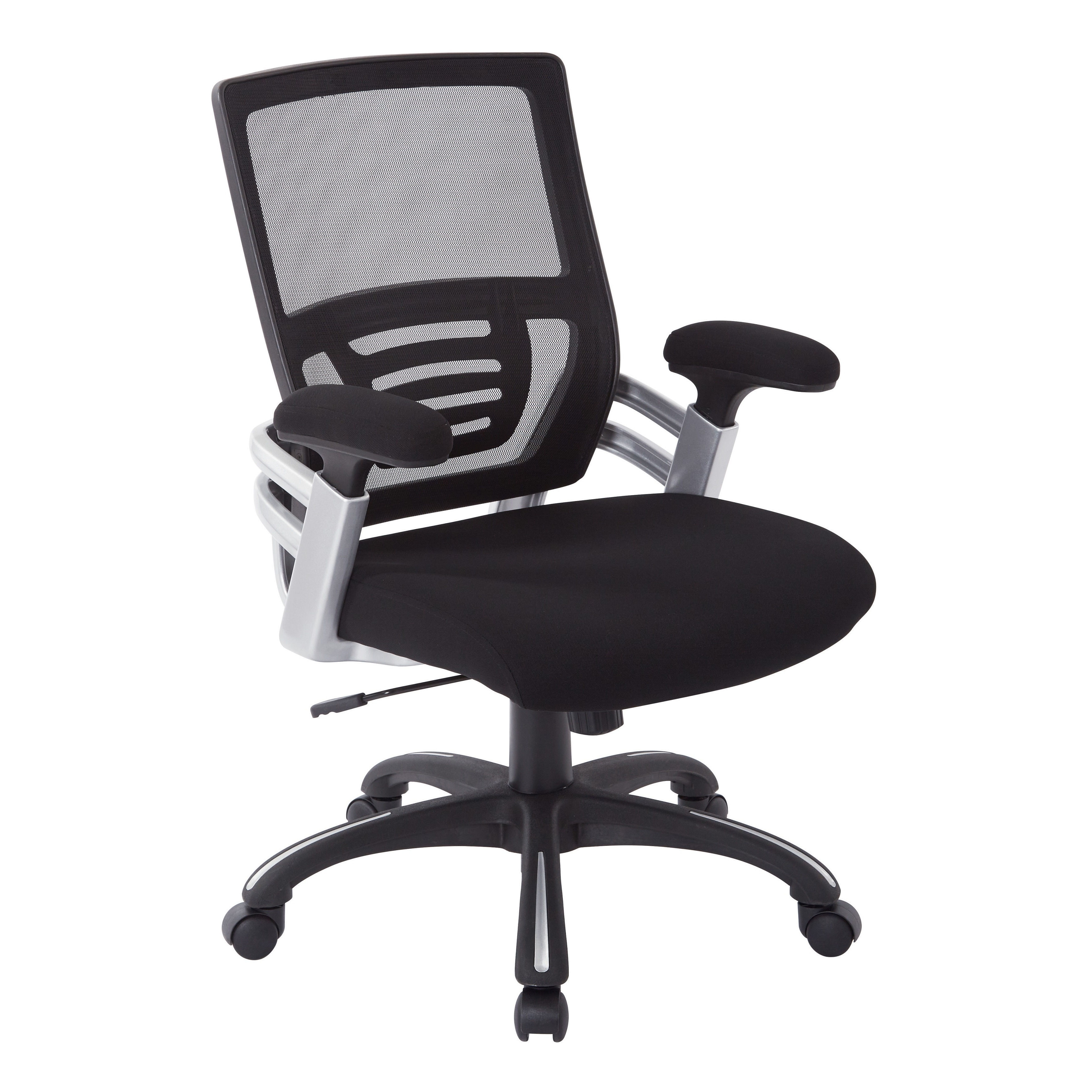 OSP Black Mesh Back and Fabric Seat Office Chair with Nylon Base and Lumbar Support and Padded Arms