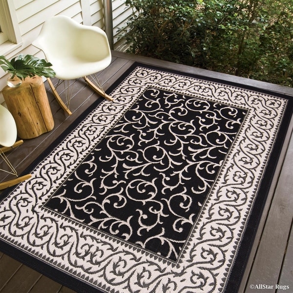 Shop Allstar Black/ Ivory Indoor Outdoor Floral Scroll Design Rug