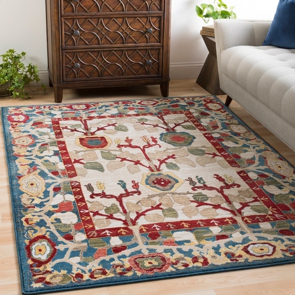 Sylvia Ivory & Blue Vintage Tree of Life Area Rug - 5'1" x 7'4"