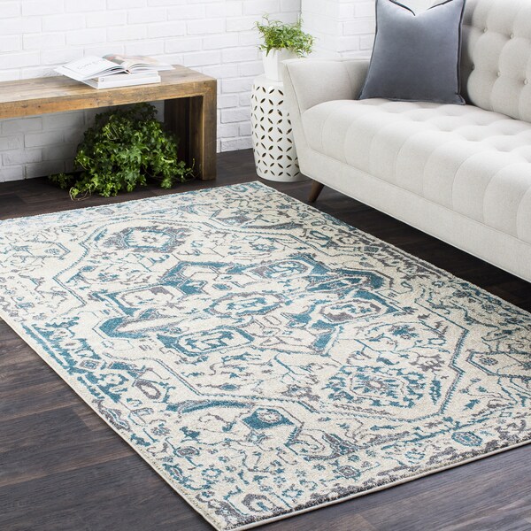 Vintage Traditional Teal/ Khaki Medallion Area Rug (6'7 x 9'6) - 6'7" x 9'6"