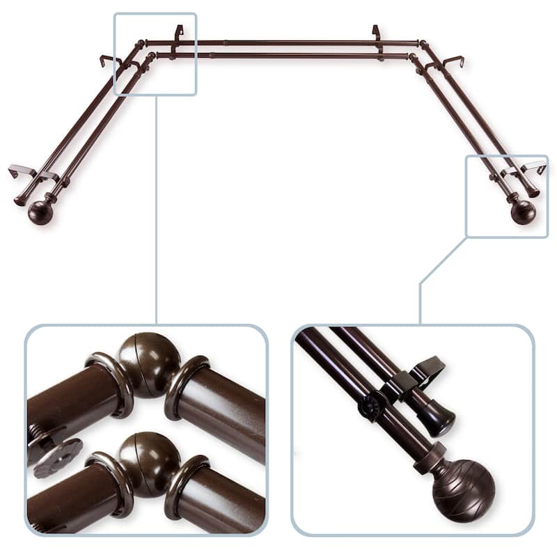 InStyleDesign Desmond 13/16" Bay Window Double Curtain Rod - 20-36 inches, 38-72 inches - Nickel Finish/Satin/Brown Finish - Cocoa