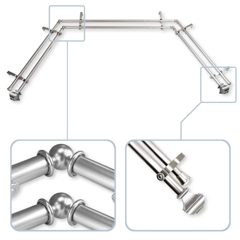 InStyleDesign Eugene 13/16" Bay Window Double Curtain Rod - 20-36 inches, 38-72 inches - Nickel Finish/Satin/Silver Finish - satin nickel
