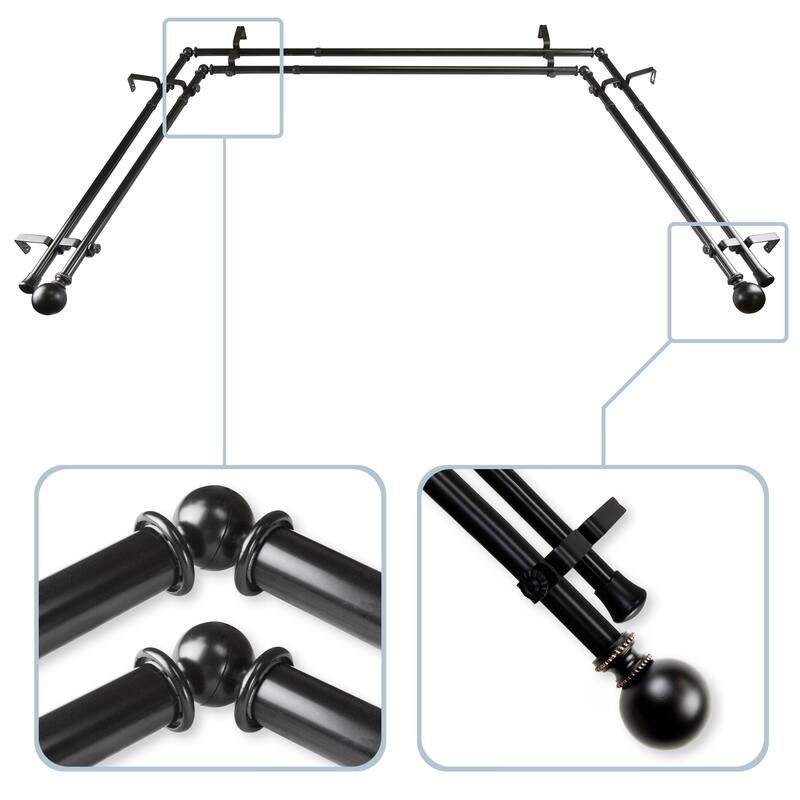 InStyleDesign Tegan 13/16" Bay Window Double Curtain Rod - 20-36 inches, 38-72 inches - Black Finish - Black