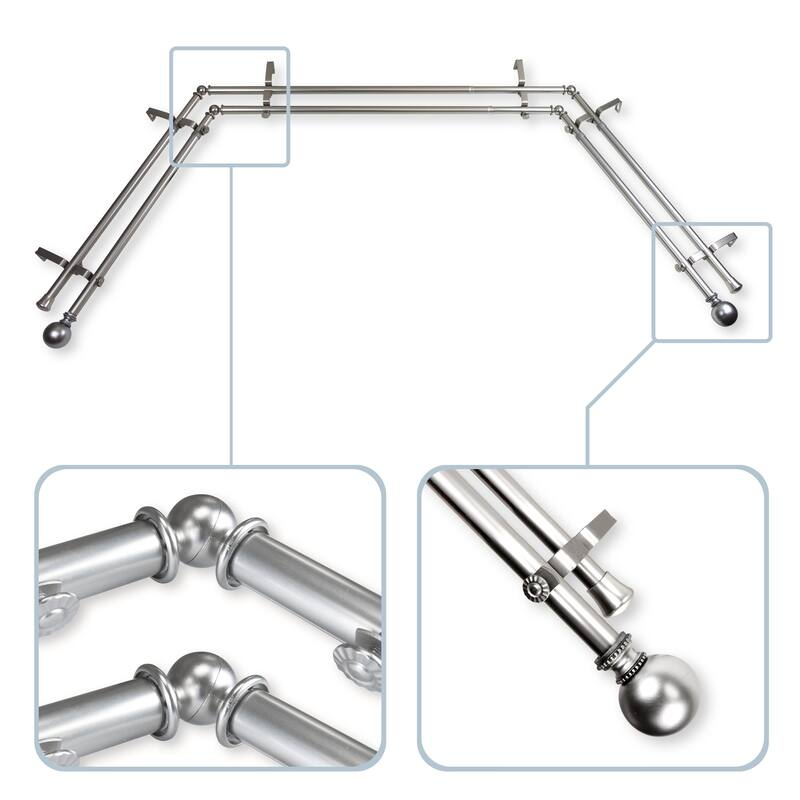 InStyleDesign Tegan 13/16" Bay Window Double Curtain Rod - 20-36 inches, 38-72 inches - Nickel Finish/Satin/Silver Finish - satin nickel