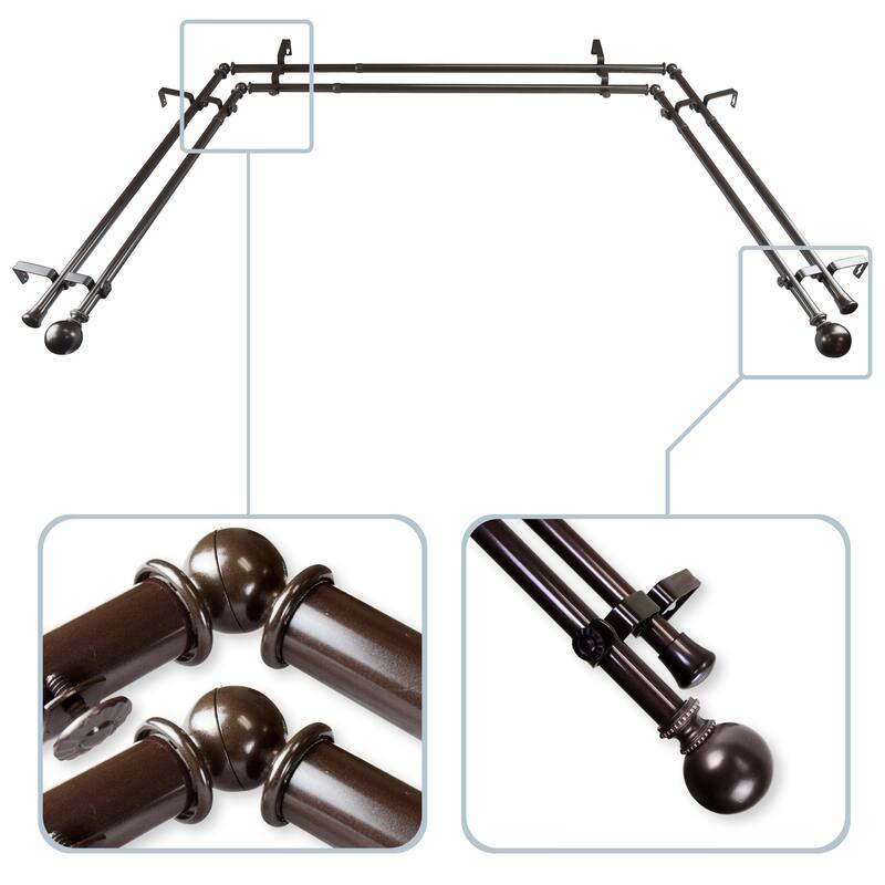 InStyleDesign Tegan 13/16" Bay Window Double Curtain Rod - 20-36 inches, 38-72 inches - Brown Finish - Cocoa