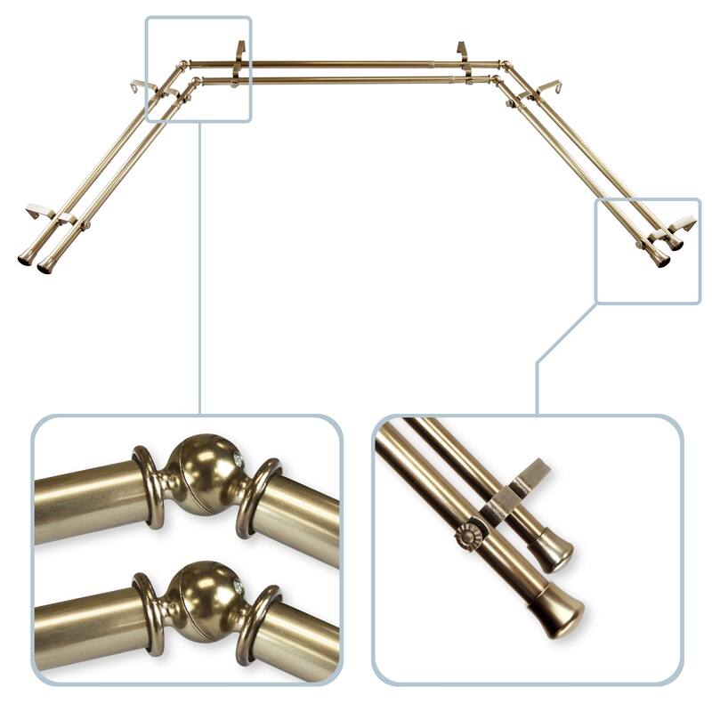 InStyleDesign 13/16" Bay Window Double Curtain Rod - 20-36 inches, 38-72 inches - Antique/Brass Finish - Antique Brass